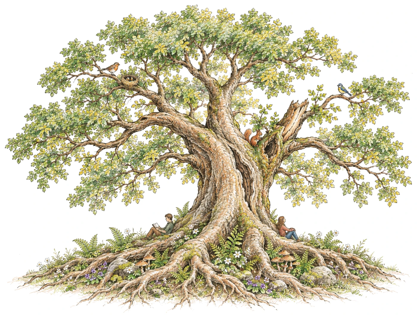 Ein alter Baum mit kräftigen Wurzeln und einer lebendigen Krone bietet Menschen und Tieren Schutz. Neue Triebe wachsen neben einer alten Bruchstelle.